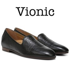 Vionic Willa Black Crinkle Nappa Leather Loafers Size 8.5