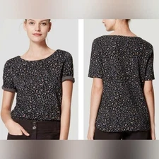 LOFT Gray Leopard Print Knit Top Short Sleeve, Size XS