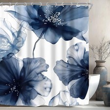 Navy Blue Floral Shower Curtain for Bathroom Decor 72Wx72H Modern Dark