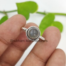 Natural Gray Moonstone Round stone Twisted Rope Band Ring 925 Pure Silver Ring