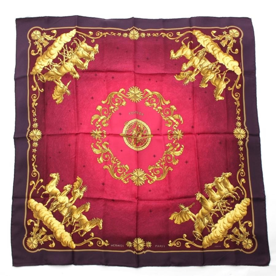 Hermes Carre90 Cosmos Space Silk Scarf with Horse Design in Red and Purple