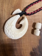 Bone Carving Sperm Whale Necklace, Handwoven Wax Cord, Handmade, Used From Japan