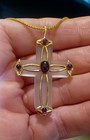 Scarce Franklin Mint 22k Gold Plated Frosted Crystal Cross w Garnets — photo 2