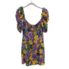 Zara Floral Puff Sleeve Mini Dress Purple Yellow Rose Print Small 2885/422/117