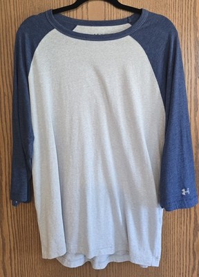 Under Armour Shirt Mens XXL Gray & Blue HeatGear Fitted 3/4 Sleeve Raglan 