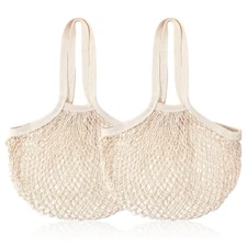 2 Pack Reusable Cotton Mesh Farmers Market Bag, Grocery Tote Net Shopping Bag...