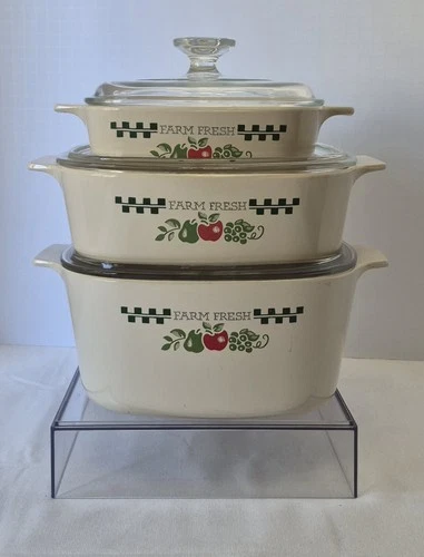 Corning Ware VTG Farm Fresh 6PC Dish Set. 3L, 2L & 1L With Pyrex Glass Lids