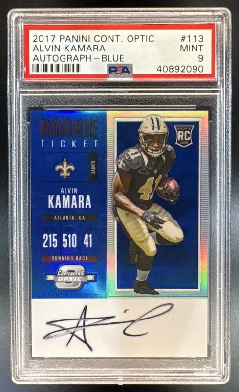 2017 Panini Contenders Optic Alvin Kamara #113 Blue /25 Rookie Ticket Auto PSA 9