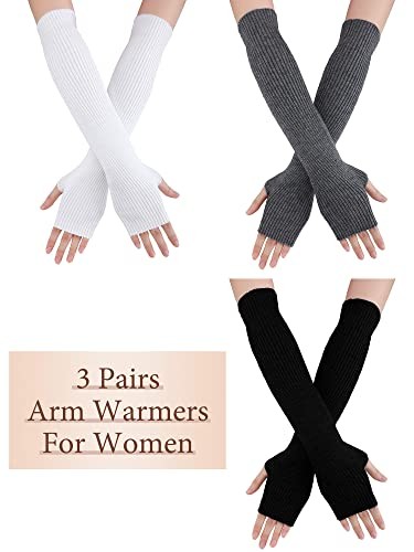  3 Pairs Wool Blended Arm Warmer Women Soft Stretchy Knitted Black, White, Grey