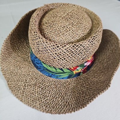 Coastal Headwear Straw Beach Hat Size L Hawaiian Print Band Open Weave Sun Hat