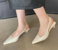 Womens Fashion Sexy Pointy Toe Patent leather Slingbacks Kitten Mid Heels Shoes