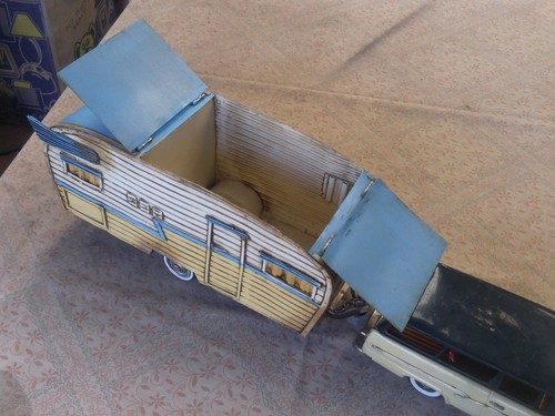 Vintage Tin Friction Car... 56 Ford Ranch Wagon With Handmade Shasta Van Trailer - Picture 9 of 12