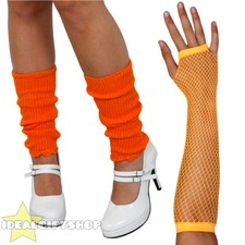 LONG ORANGE NEON FISHNET FINGERLESS GLOVES AND LEG WARMERS 1980'S FANCY DRESS