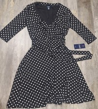 Chaps Women's Medium Black and White Polka Dot Dress Ruffle Front, Tie belt 