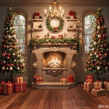 10'x10'Computer-paint Xmas Fireplace Tree Gifts Scenic background backdrop SD174