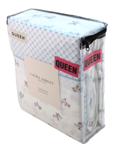 New LAURA ASHLEY Queen Size Graphic / Floral 100% Soft Cotton Percale Sheet Set