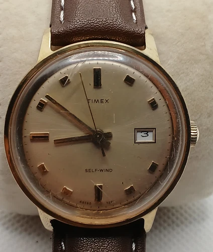 Men's Vintage 1971 Timex Watch Self - Wind w/Date Works Gold Face 34mm Case