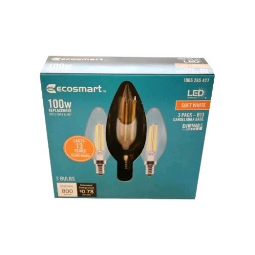 EcoSmart B13 Dimmable Candelabra Base LED Light Bulb Clear Glass 100W 3 PACK - Picture 2 of 2
