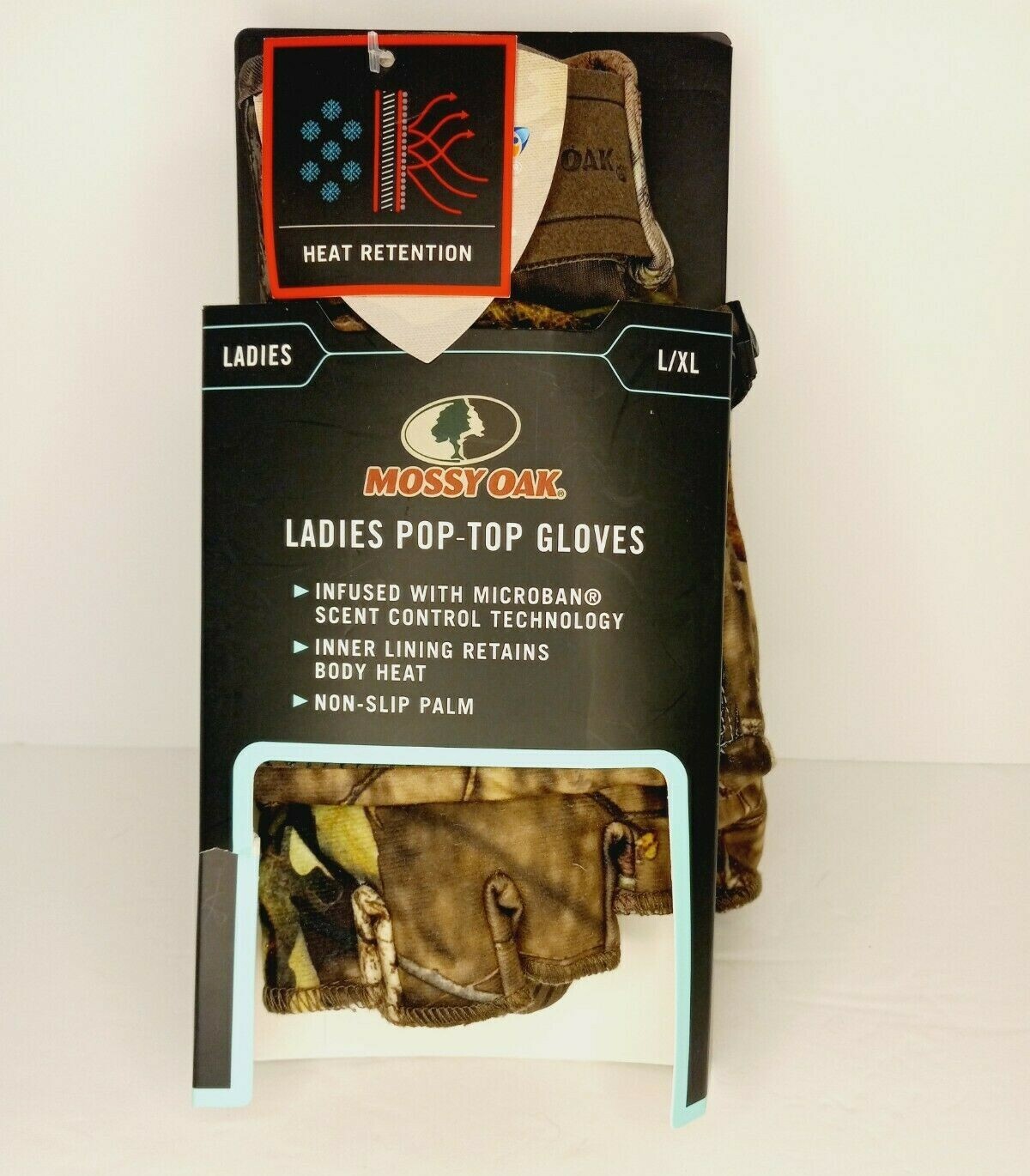 Mossy Oak Womens Pop Top Gloves Camo L/XL Microban NonSlip Lined Hook Loop Wrist