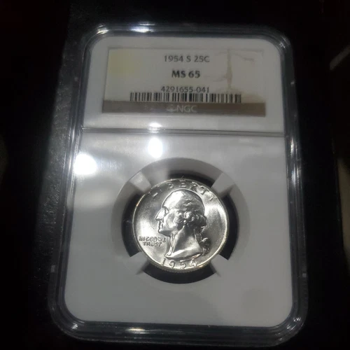 1954 S Silver NGC MS65 Washington Quarter - Bright GEMBU nice coin