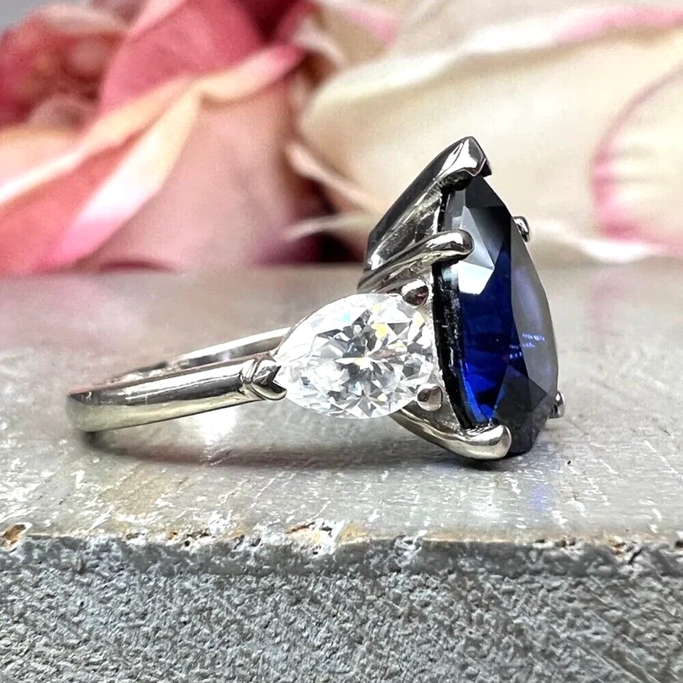 4.60 TCW Pear Natural Blue Sapphire Three Stone Engagement Ring 9ct White Gold - Image 4 of 4