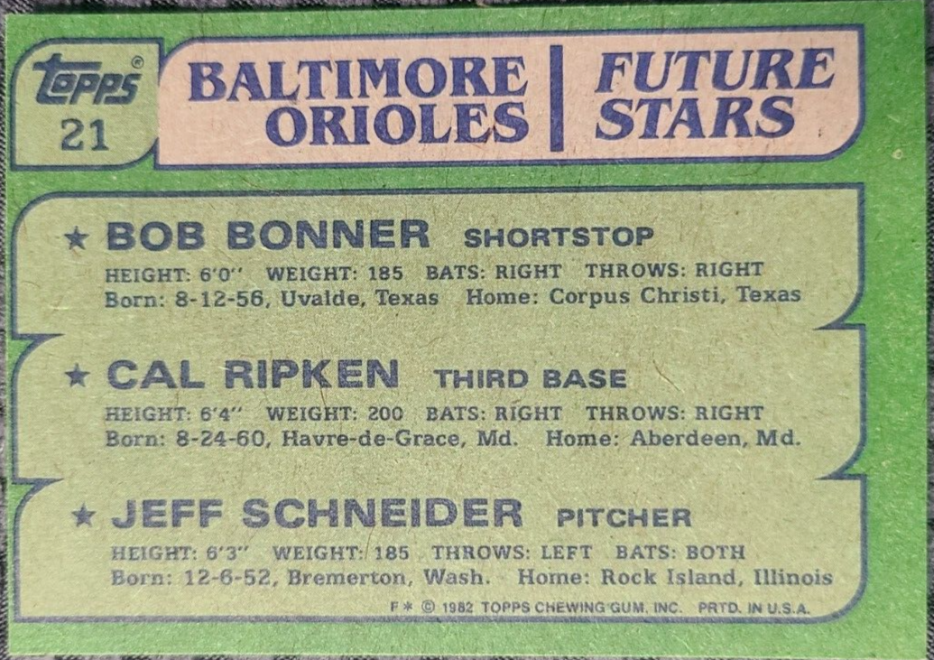 1982 Topps - Future Stars Cal Ripken, J. Schneider, B. Bonner (RC