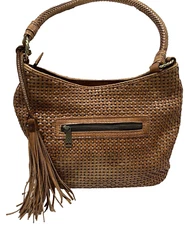 Patricia Nash Castelli Woven Leather Shoulder Bag Tassels 3 Zippers Gold Closure