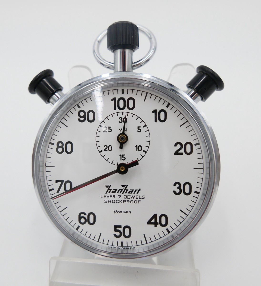 1970er HANHART Stoppuhr 30 Min 1/100 Teilung mechanisch Additions