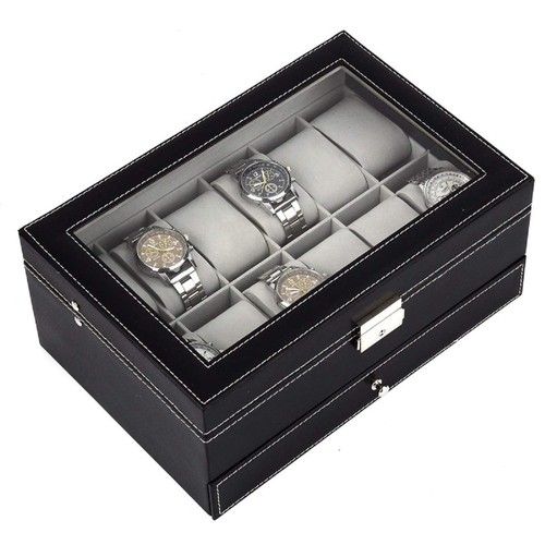 12 Slot Watch Box Case Lockable with Glass Lid, 2 Layers Watch Holder Organiz... - Picture 4 of 7