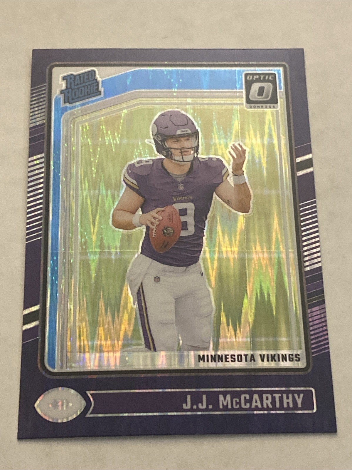 2024 Donruss Optic J.J. McCarthy Purple Shock Prizm RC #235 VIKINGS