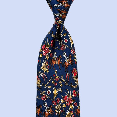 Salvatore Ferragamo blaue Krawatte - Reiter Blumenmotiv italienische Seidenkrawatte - Bild 3 von 10