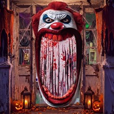 Halloween Clown Door Banner Decoration with Bloody Handprint Curtain