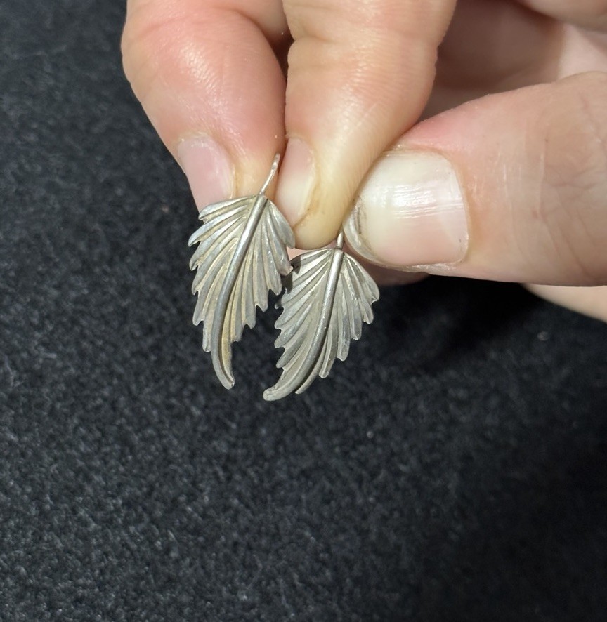 Vintage Silver Hook Feather Leaf Dangle Earrings - image 1