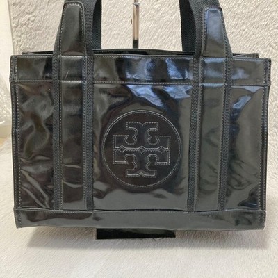 TORY BURCH Patent Leder Big Logo Handtasche Tote Bag Damen Nylon Schwarz Echt