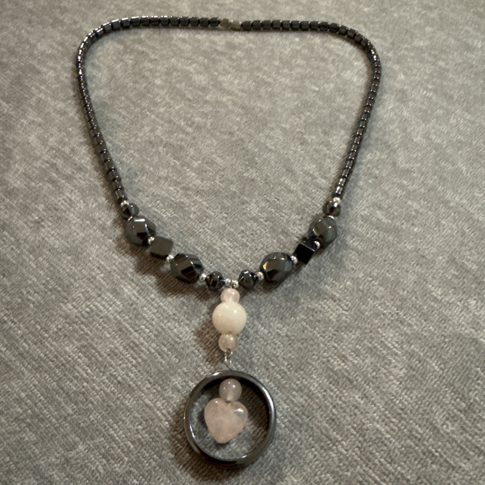 Vintage Hematite Healing Necklace /Heart Pendant White Pink Quartz