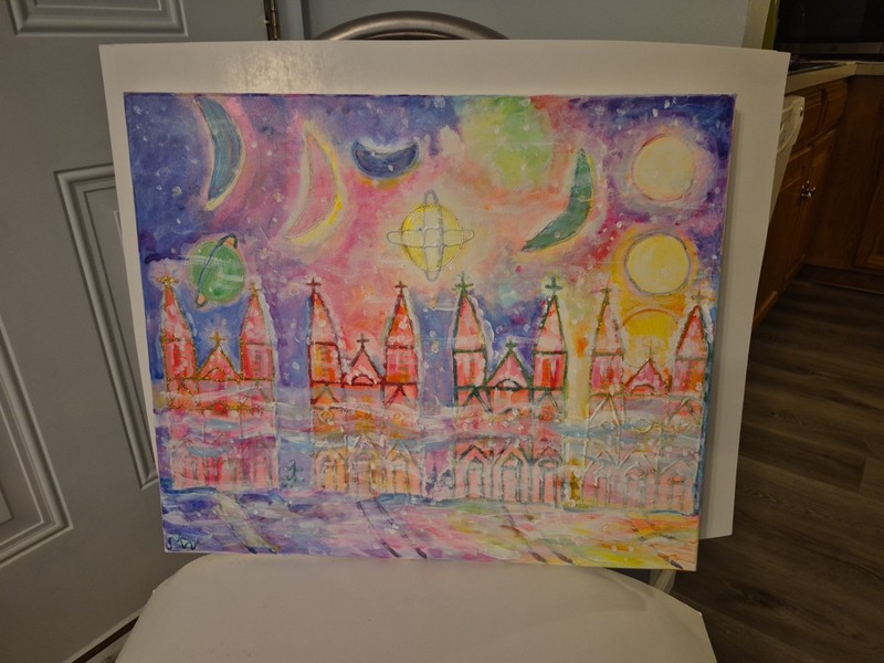 "Churches In The Mist,Religous",20"×24"acrylic painting,Impressionist,M Waldo