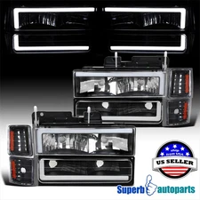 For 1994-1998 Chevy C10 C/K Tahoe Suburban Black Headlights LED w/ Corner+Bumper