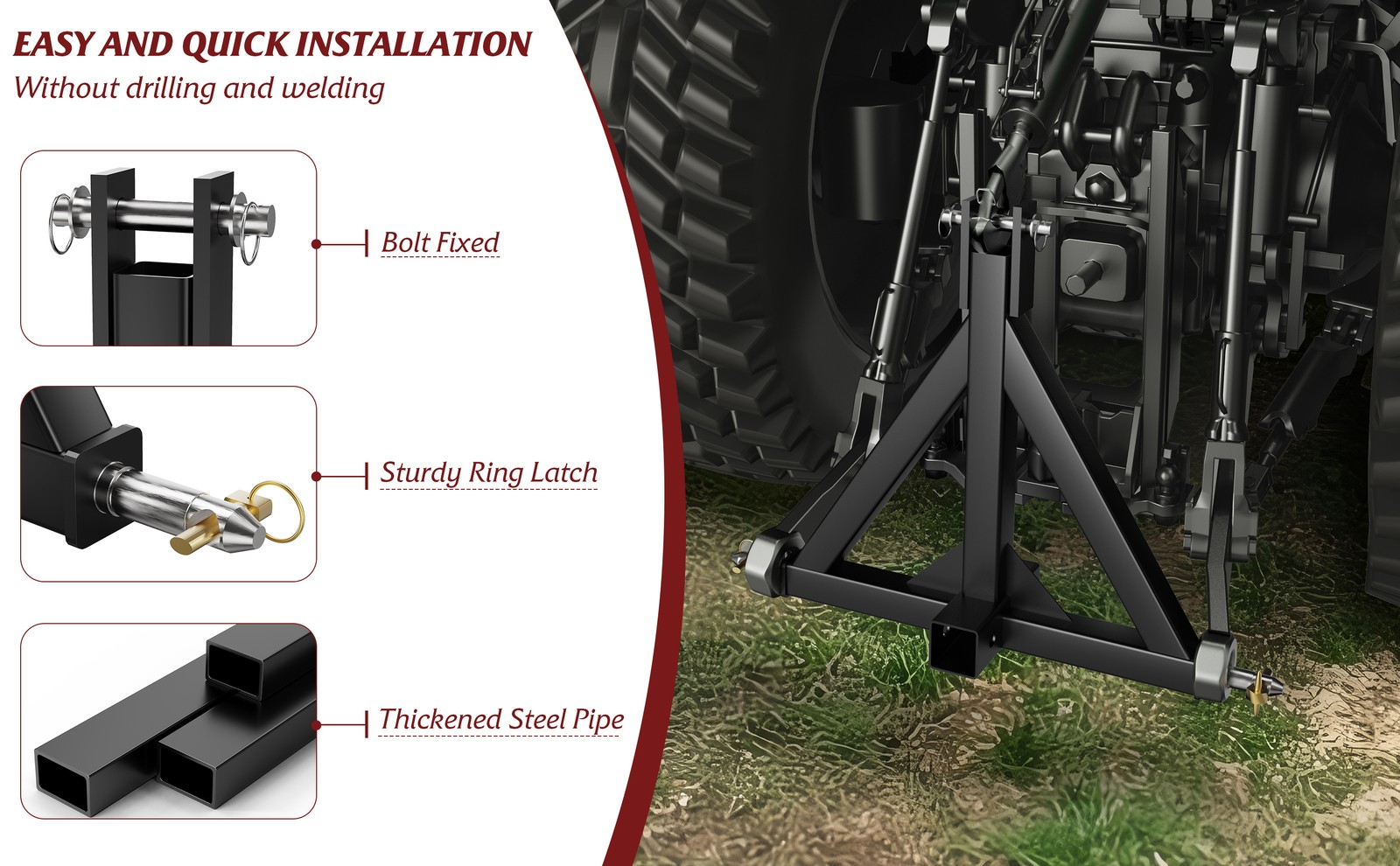 2" 3-Point Trailer Hitch Adapter for Compact Tractors for Kubota BX & Yanmar