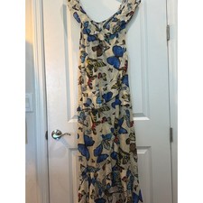 YYFS Butterfly Print Cold Shoulder Ruffle Maxi Dress Cream Blue Multicolored