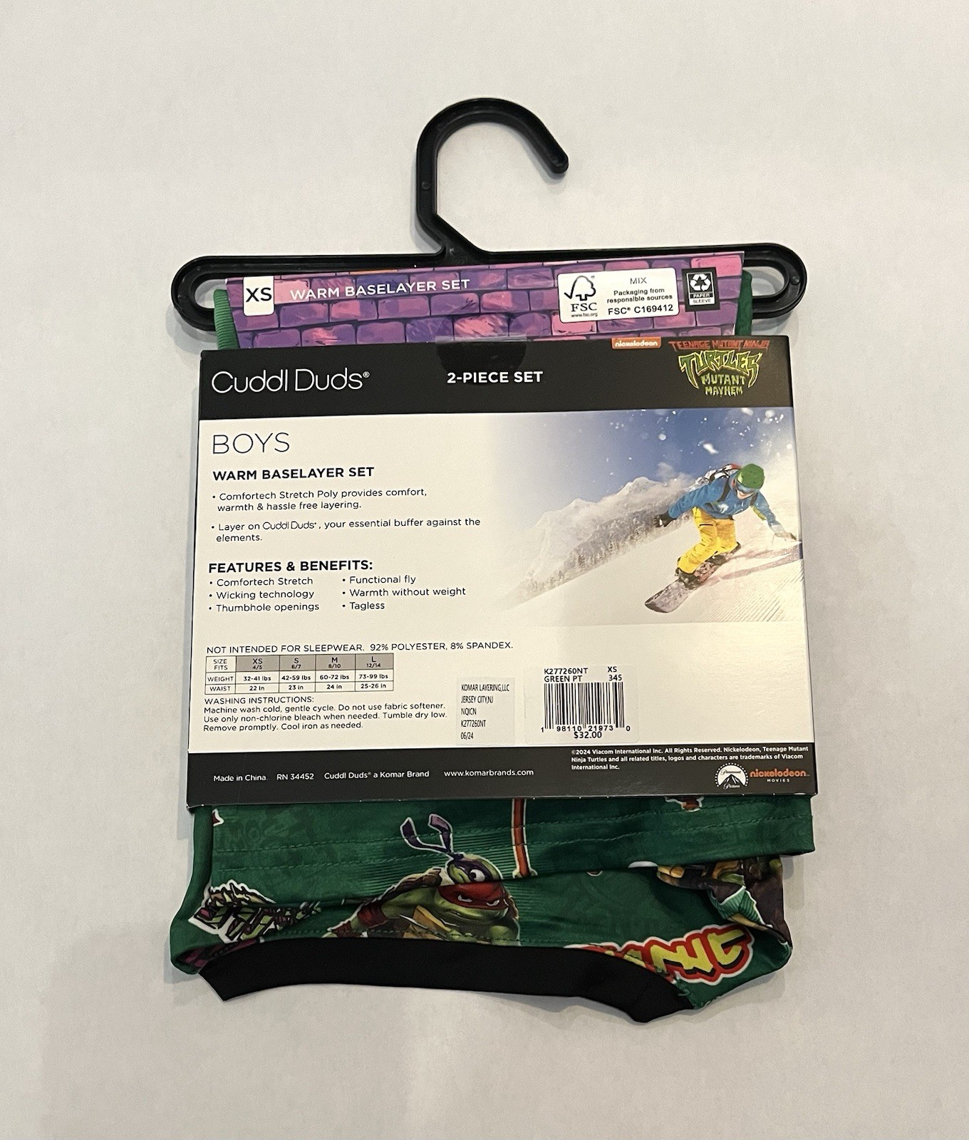 Cuddl Duds Boys Ninja Turtles XS 4/5 Warm Baselayer Pants And Shirt 2 PC Set New