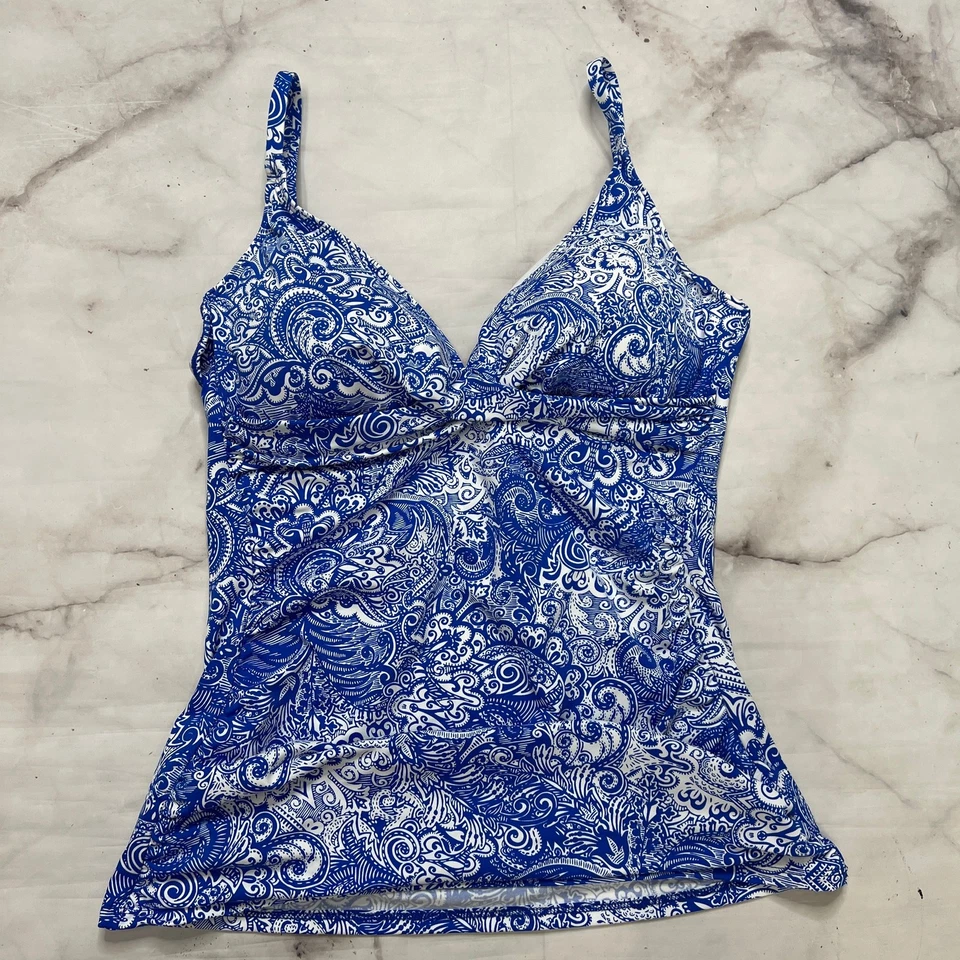 LRL Ralph Lauren Paisley Twist Front Tankini Top Blue White Underwire Size 10 - Image 2 of 4
