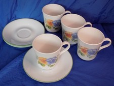 Corelle SUMMER BLUSH Pattern Coffee Cup & Saucer Pink Yellow Blue Pansies x4 VTG