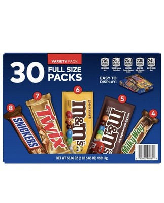 30 Full Size Candy Bars Variety Pack Snickers Twix M&Ms Milky Way Bulk Gift Box 