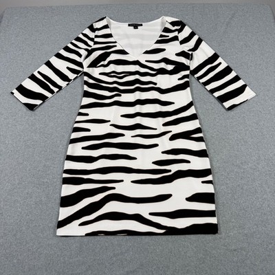 Boston Proper Zebra Print V-Neck 3/4 Sleeve Sheath Dress Black White Womens M