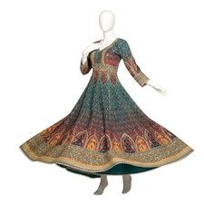 SATRANGI Anarkali Mehendi Maxi Dress Ethnic Indian Embellished Gown Teal Gold XL