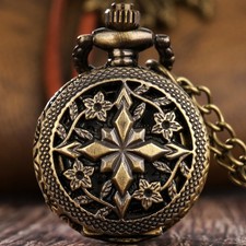 Retro Hollow Out Flower Case Quartz Analog Pocket Watch Necklace Chain Mini Size