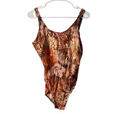 Vintage Sun Streak Womens Size 14 One Piece Swim Suit Burnt Orange Gold Metallic