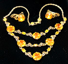 Rare Vintage Hollycraft 1952 Orange Topaz Rhinestone Necklace Clip Earrings Set — photo 9