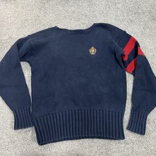VTG POLO RALPH LAUREN SWEATER MENS MEDIUM BLUE POLO CREST KNIT RED STRIPE