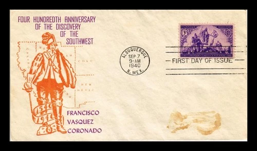 US COVER CORONADO 400TH ANNIVERSARY FIRST DAY ISSUE SCOTT 898 STAINED FRONT
